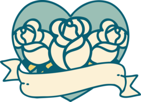 iconic tattoo style image of a heart and banner with flowers png