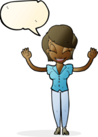 cartoon pretty woman with hands in air with speech bubble png