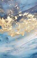 AI generated An abstract painting with blue and gold hues, resembling a mix of water and minerals photo