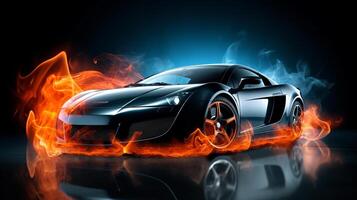 AI generated A dramatic Brandless sleek, black sports car surrounded by intense, orange flames and blue smoke photo