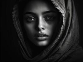 AI generated Black and white photography with a dramatic portrait that emphasizes contrast, texture, and emotion, a captivating monochromatic image photo