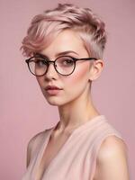 AI generated Beautiful Girl with short pink hair and glasses, wearing a light-colored top photo