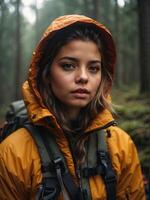 AI generated A girl in an orange-yellow jacket, standing in a misty forest photo