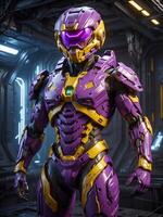 AI generated A humanoid robot adorned in intricate purple and gold armor, standing in a metallic, technologically advanced corridor photo