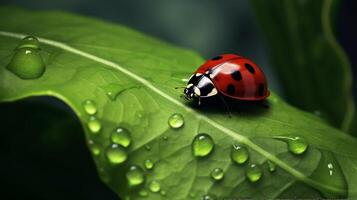 ai generado un vibrante rojo mariquita en un salpicado de rocío verde hoja foto