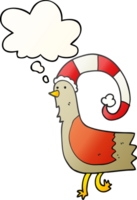 cartoon chicken in funny christmas hat with thought bubble in smooth gradient style png