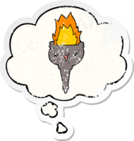 cartoon flaming chalice with thought bubble as a distressed worn sticker png