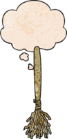 cartoon magic broom with thought bubble in grunge texture style png
