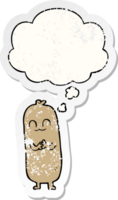 cartoon sausage with thought bubble as a distressed worn sticker png