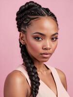 AI generated Black woman, showcasing a detailed braid hairstyle against a pink background photo