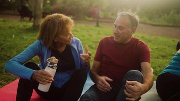 ein Gruppe von Senior Menschen Sitzung auf das Gras video