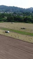 vertikal video av traktor arbetssätt i lantbruk antenn se