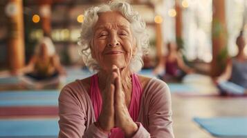 AI generated Serene Elderly Lady Practicing Yoga with a Smile photo