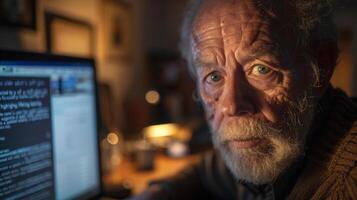 AI generated Elderly Man Working Late on Computer photo