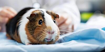 AI generated Generative AI, cute small guinea pig on the table being examined by professional veterinarian in vet clinic photo