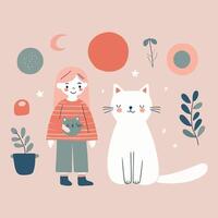 a girl and a cat are standing next to plants and other objects vector