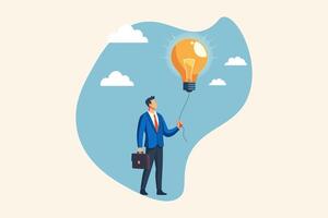 Big idea to solve business problem, invention or innovation to drive business growth or work achievement concept, smart businessman manager holding light bulb floating balloon vector