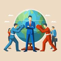 Conflict management, leadership skill to compromise and solving argument problem, negotiation or stop fighting concept, businessman leader stand in the middle to stop conflicted boxing globe fighting vector