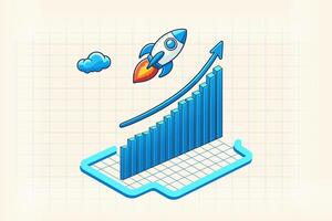 crecimiento exponencial o interés compuesto, inversión, riqueza o ganancias aumentando el gráfico, las ventas comerciales o el concepto de aumento de ganancias, el gráfico del informe financiero con la flecha exponencial del cohete volador. vector