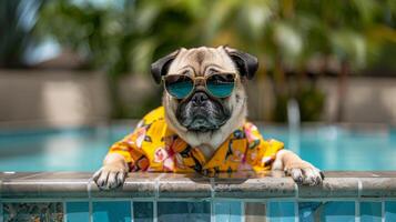 ai generado doguillo perro con hawaiano camisa y Gafas de sol en el piscina foto
