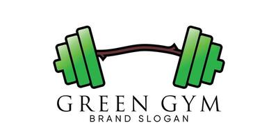 Green Gym station logo with barble and wood shape creative design vector