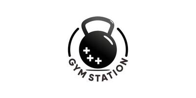 Gym station logo with barble shape and health symbol vector