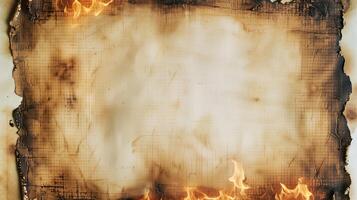 AI generated Papyrus style background with fire on the edges photo