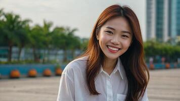 ai generado un mujer sonriente en frente de un ciudad horizonte foto