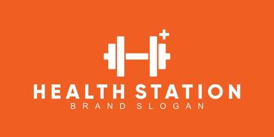 Gym or health station  logo with barble shape and health symbol vector