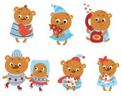 A set of valentine bears on a white isolated background. vector