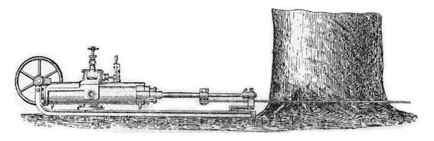 Saw the mechanical felling, vintage engraving. photo