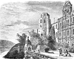 Heidelberg Castle, on the side of the terrace, vintage engraving. photo