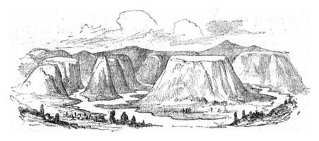 Erosion and denudation of a plateau by running water, vintage engraving. photo