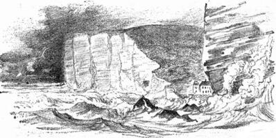 demolición, por el ondas, de el acantilados de el litoral de el Inglés canal, Clásico grabado. foto