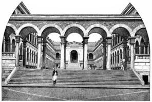 Main courtyard of the Hotel-Dieu, in front on the Plaza, vintage engraving. photo