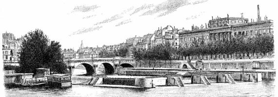 The Pont Neuf, the sluice and currency, vintage engraving. photo