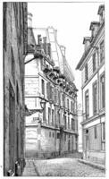 Intersection of Rue Hautefeuille and Snaking street, vintage engraving. photo