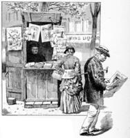 periódico vendedor en un suburbio de París, Clásico grabado. foto