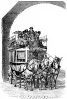 Omnibus with triple coupling, vintage engraving. photo