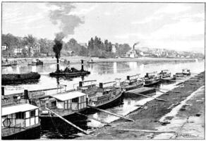 The flotilla of riverboats at Point du Jour, vintage engraving. photo
