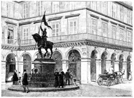 Statue of Joan of Arc, Place de Rivoli, vintage engraving. photo