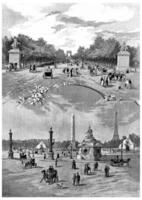 Place de la Concorde and Champs-Elysees avenue, vintage engraving. photo