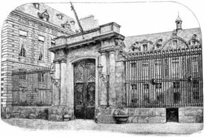 Entrance of the Hotel Mazarin National Library, Street Petits-Champs, vintage engraving. photo