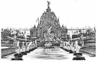 Coutan the fountain and the central dome, vintage engraving. photo