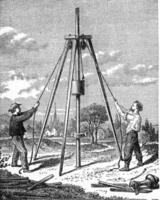 Drilling of wells instant, vintage engraving. photo