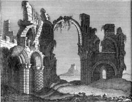 Ruins of the monastery of Lindisfarne, Holy Island, vintage engraving. photo