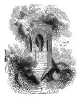 Ruins of a stone pulpit, located in the gardens of the Abbey Shrewsbury, Shropshire, vintage engraving. photo