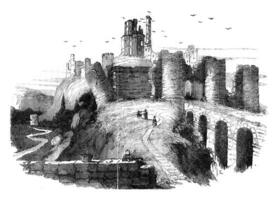 Ruins of Corfe Castle, Earl of Dorset, vintage engraving. photo