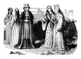 Women's costumes in the reign of Henry VII, vintage engraving. photo