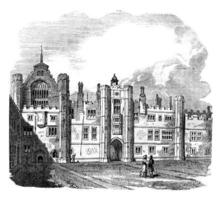 séptimo palacio Hampton Corte elevado por wolsey, Clásico grabado. foto